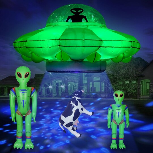 4.2FT Alien UFO Cow Abduction Inflatable with 2 Aliens – LED Lighted Halloween Yard Decoration, Flying Saucer Blow Up Decor for Outdoor Garden, Party & Halloween Display